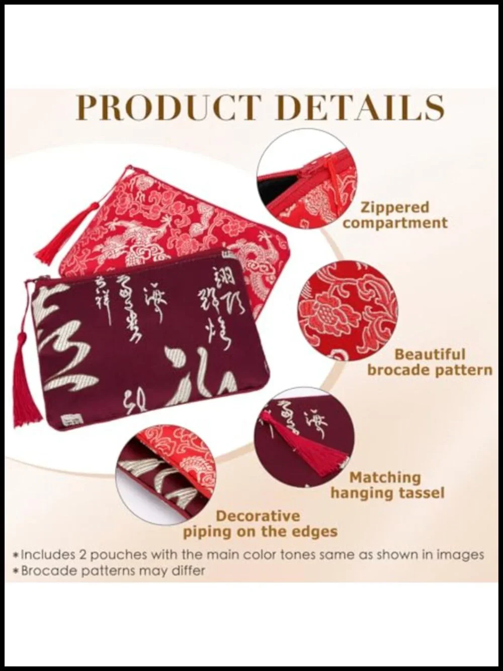 2pc Chinese Silk Brocade Padded Tassel Zipper Jewelry Pouch Gift Bag